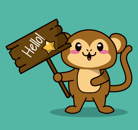 kawaii animal monkey standing with wooden sign hello