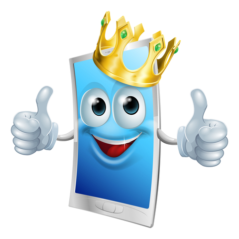 Illustration of a mobile phone king character wearing a gold crown and giving a double thumbs up
